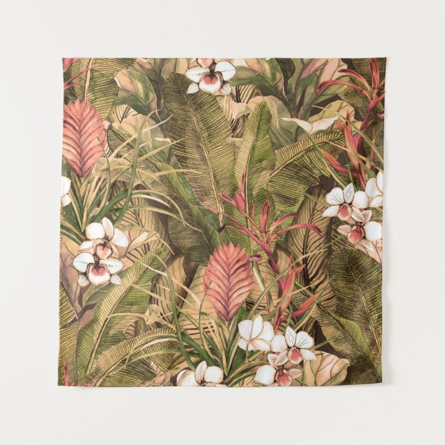 Tapete De Parede Padrão sem costura com folhas e flores tropicais. (Frente)