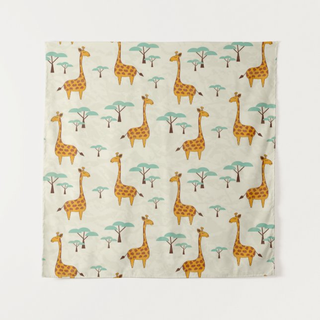 Tapete De Parede Padrão sem costura com girafas e árvores fofinhas, (Frente)