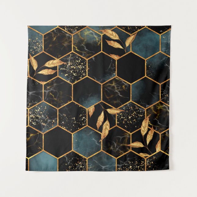 Tapete De Parede Padrão sem costura com hexágono mármore e ouro (Frente)