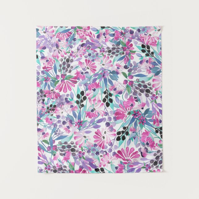 Tapete De Parede Padrão sem costura de flores e bagas roxas,blu (Frente)