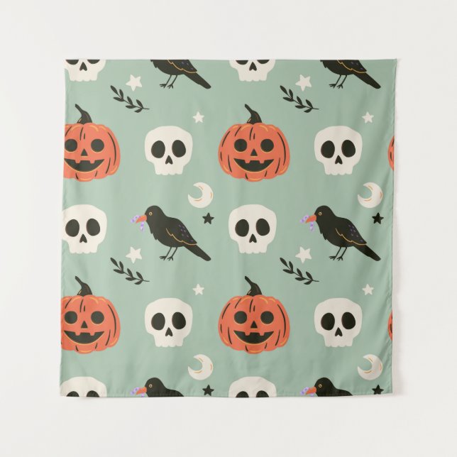 Tapete De Parede Padrão sem costura do Halloween com ravens, crânio (Frente)