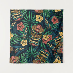 Tapete De Parede Padrão Tropical de Máscara de Tiki Havaiano