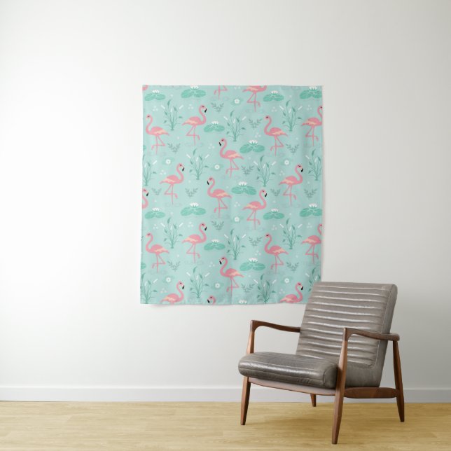 Tapete De Parede Padrão Verde Flamingos Rosa Pastel (In Situ)