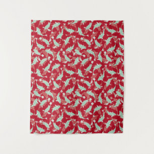 Tapete De Parede Padrão Vermelho e Verde - Peixe Koi