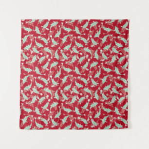 Tapete De Parede Padrão Vermelho e Verde - Peixe Koi