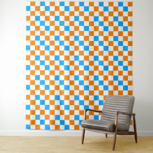 Tapete De Parede Padrão Xadrez Laranja Branco Azul Design