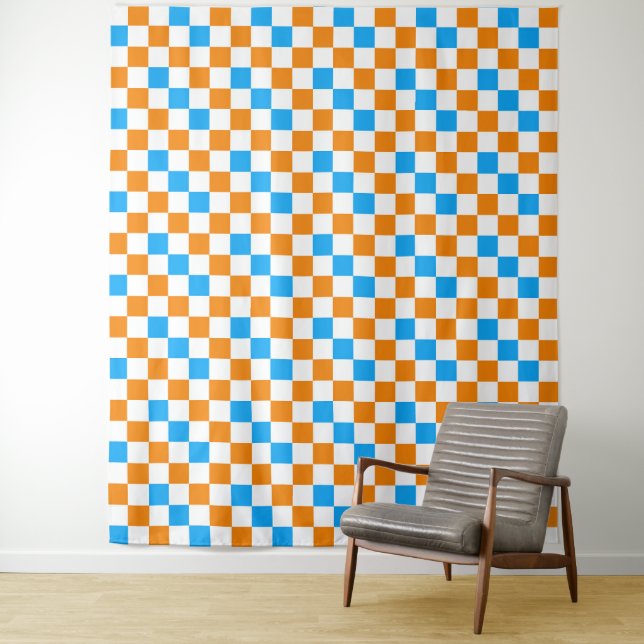 Tapete De Parede Padrão Xadrez Laranja Branco Azul Design  (In Situ)
