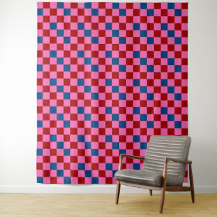Tapete De Parede Padrão Xadrez Vermelho Rosa Azul Design 