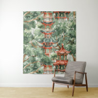 Pagoda Asiática de Aquarela na Paisagem Verdante (