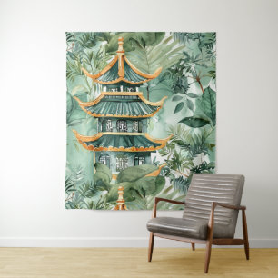 Tapete De Parede Pagoda Asiática de Aquarela na Paisagem Verdante (