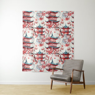 Tapete De Parede Pagoda Chinesa Aquarela com Blossomas de Cereja (8