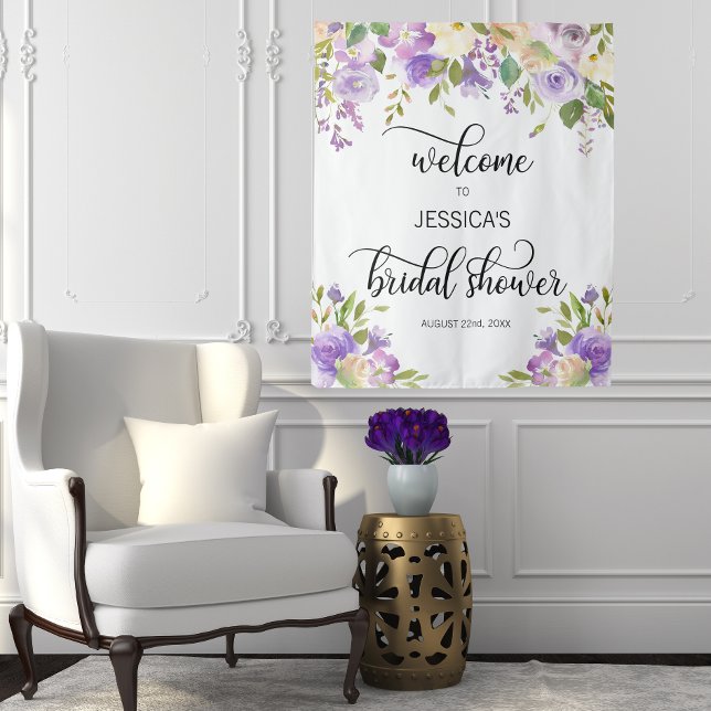 Tapete De Parede Painel de Boas-Vindas Roxo Floral para Chá de Noiv (Criador carregado)