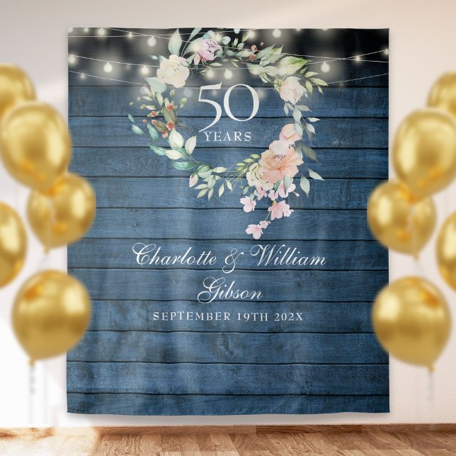 Tapete De Parede Painel de Fundo Azul Rústico Floral de Aniversário (50th Anniversary Blue Rustic Floral Photo Backdrop)