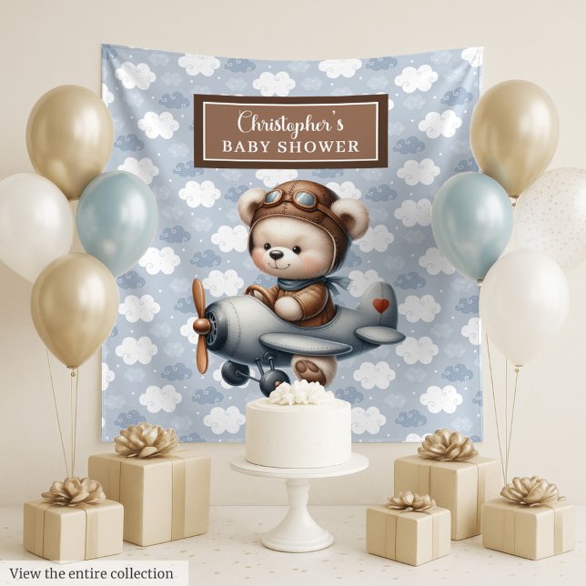 Tapete De Parede Painel de fundo charmoso de urso de pelúcia piloto (Charming teddy bear pilot baby shower backdrop)
