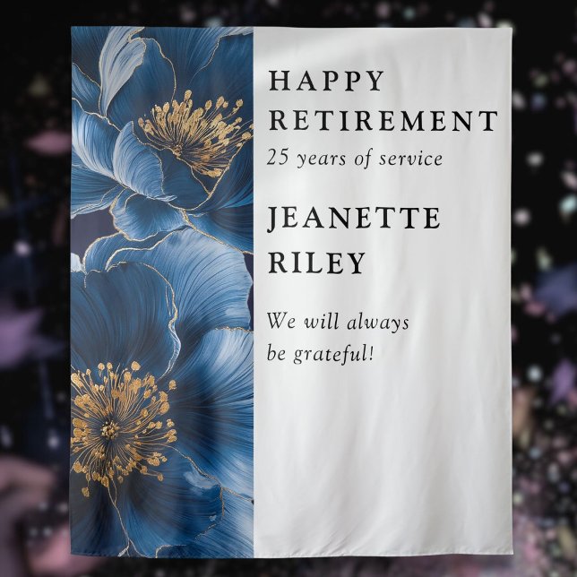 Tapete De Parede Painel de Fundo Elegante de Flores Azul Marinho pa (Navy Blue Elegant Floral Retirement Party Backdrop)