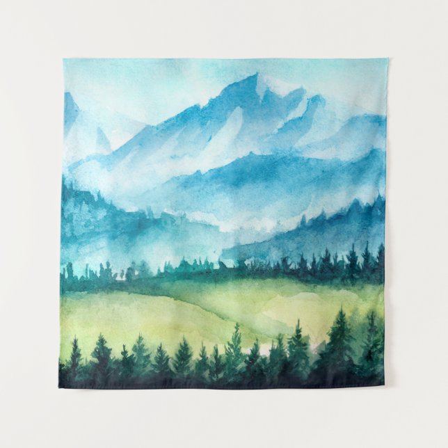 Tapete De Parede Paisagem das montanhas. Ilustração de Aquarela. (Frente)