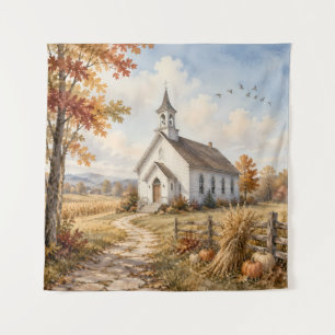 Tapete De Parede Paisagem em Aquarela de Igreja Rural de Outono