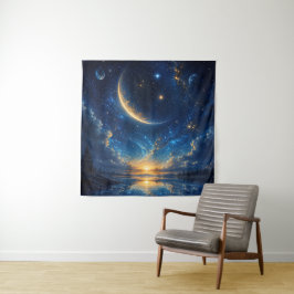 Tapete De Parede Paisagem Fantasia da Lua Crescente Cósmica — Azul