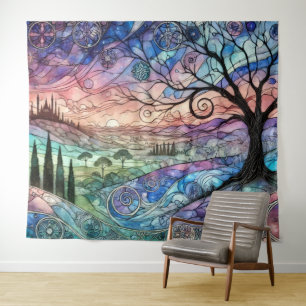 Tapete De Parede Paisagem Fantástica com Árvore e Pôr do Sol Colori