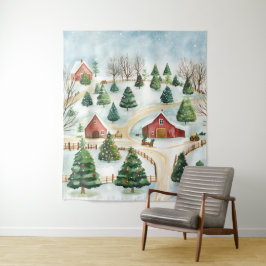 Tapete De Parede Paisagem Rústica de Inverno a Aquarela com Árvores
