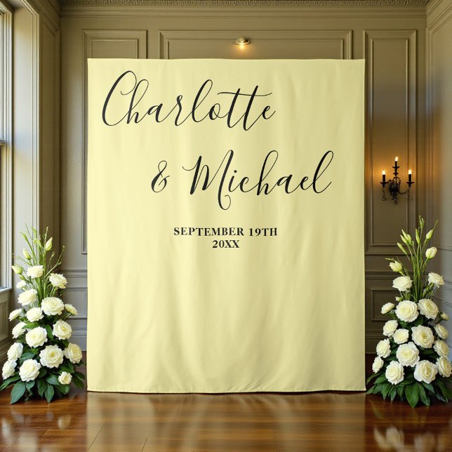 Tapete De Parede Pale Yellow Script Minimalist Wedding Backdrop (Criador carregado)