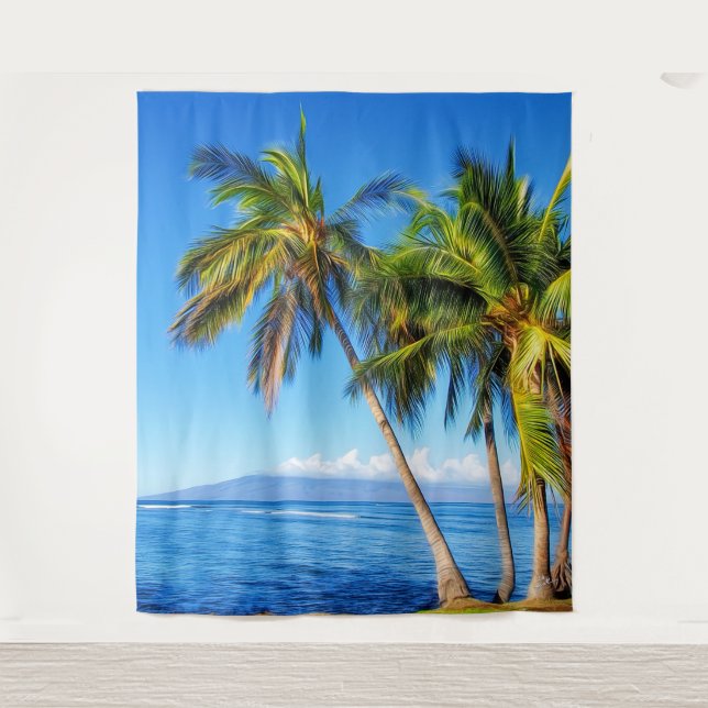 Tapete De Parede Palmeiras Tropicais e Molokini de Maui Havaí (Frente)