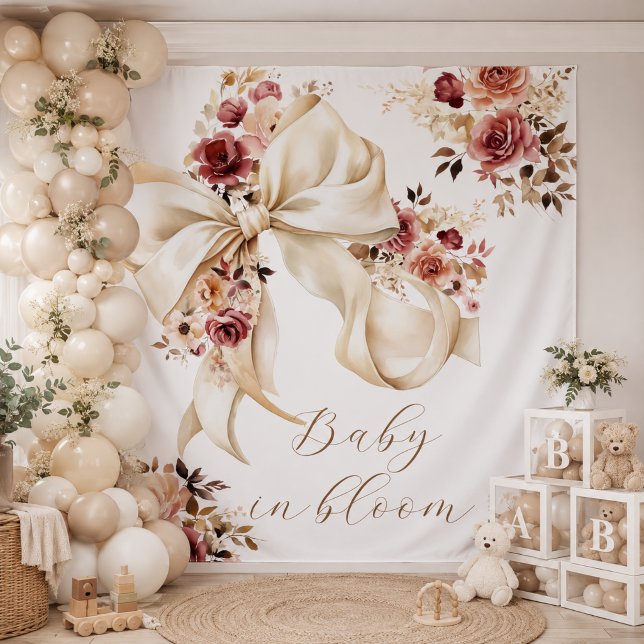 Tapete De Parede Pano de Fundo de Chuveiro de Bebê com Laço Floral  (Elegant Fall autumn floral Bow Baby shower backdrop )
