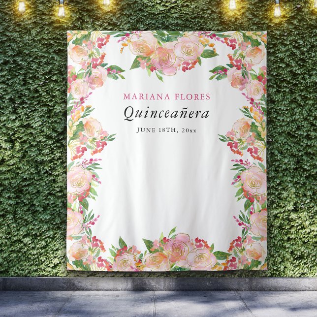 Tapete De Parede Pano de Fundo de Fotografia de Quinceanera com Est (Blush pink and gold floral party backdrop from my Floral Chic Quinceanera Collection)