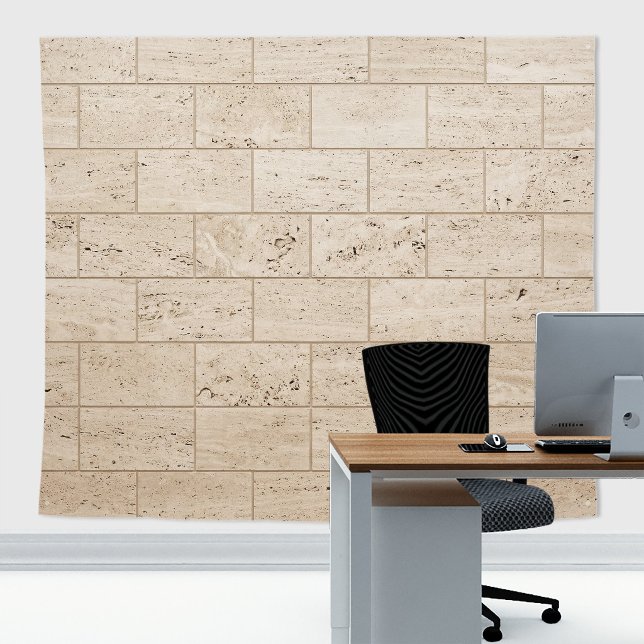 Tapete De Parede Pano de Fundo de Parede de Bloco de Pedra Traverti (Premium Minimalist Travertine Stone Wall Block Office Backdrop Tapestry for office decor.)