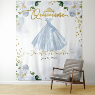 Tapete De Parede Pano de Fundo de Quinceanera Azul Vestido Rosa Flo