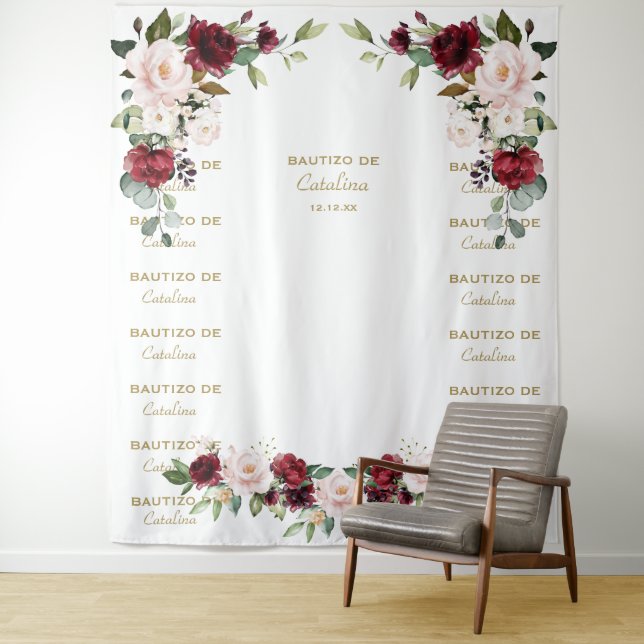 Tapete De Parede Pano de Fundo Floral Borgonha Step & Repeat Bautiz (In Situ)