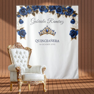 Tapete De Parede Pano de Fundo Quinceañera Rosas Azul Naval Tiara D