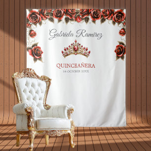 Tapete De Parede Pano de Fundo Quinceañera Rosas Tiara Dourada Verm