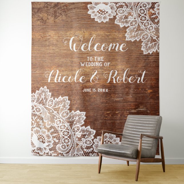 Tapete De Parede Pano de Fundo Rústico de Madeira com Renda Branca  (In Situ)
