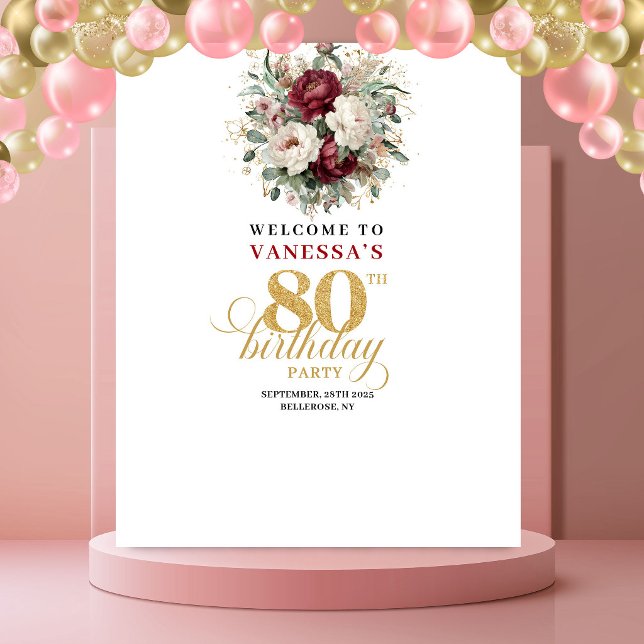 Tapete De Parede Pano de Fundo Sofisticado Floral para 80º Aniversá (Sophisticated Floral 80th Birthday Backdrop)