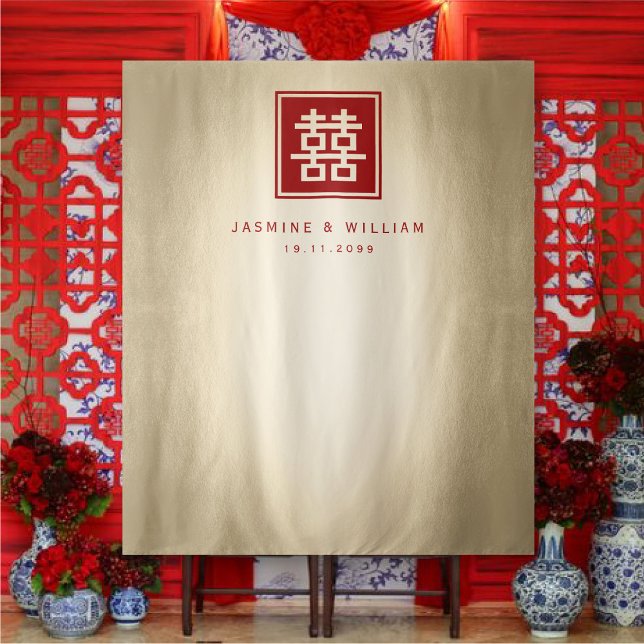 Tapete De Parede Panorâmica de Foto de Casamento Chinês de Dupla Fe (Red/Gold Classic Square Double Happiness Chinese Wedding Photo Backdrop Tapestry @ fatfatin_red_knot)
