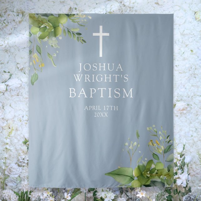 Tapete De Parede Panorâmica de Foto do Batismo Dusty Blue Greenery (Dusty Blue Greenery Baptism Photo Backdrop)