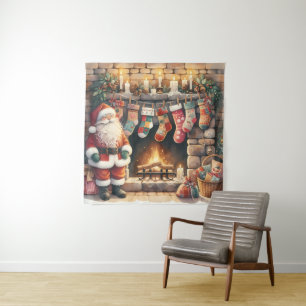Tapete De Parede Papai Noel junto à Lareira Meias de Natal
