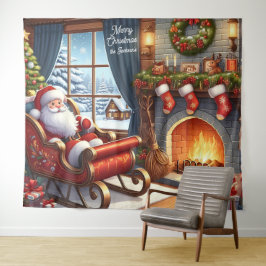 Tapete De Parede Papai Noel no trenó descansando ao lado da lareira