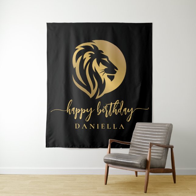 Tapete De Parede Parabéns Dourado Lion Leo com nome (In Situ)