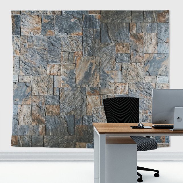 Tapete De Parede Paredes de Pedra Rústica Slates Artesia Cinza com  (Blue slates stone wall tapestry decor with stone  texture for zoom meetings backdrop or home decor)