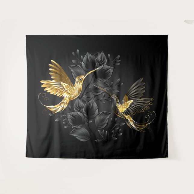 Tapete De Parede Pássaro Humino Negro e Dourado (Frente (Horizontal))
