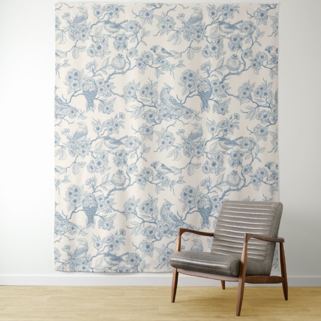 Tapete De Parede Pássaros e flor de cerejeira em azul e branco esma (In Situ)