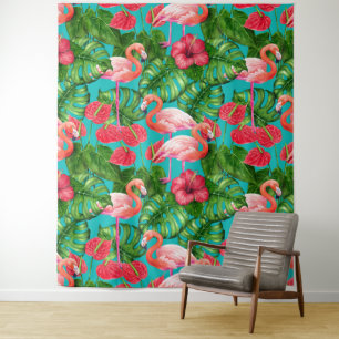 Tapete De Parede Pássaros Flamingo e aquarela de jardim tropical