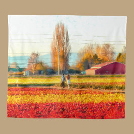 Tapete De Parede Passeando por Campos de Tulipas Douradas e Vermelh
