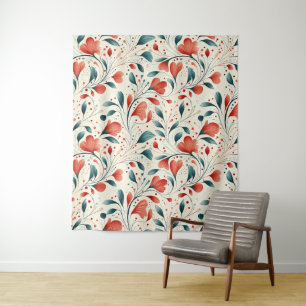 Tapete De Parede Pasta Azul Whimsical e Padrão Floral Vermelho