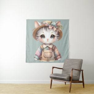 Tapete De Parede Pastel Cottagecore Gato em Sobremesas e Chapéu de