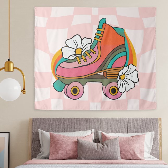 Tapete De Parede Patins Retro Groovy Anos 60 Hippie Arco-Íris (Groovy roller skate retro tapestry hippie wall hanging pink checkered print, college dorm room decor)