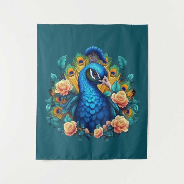 Tapete De Parede Pavão com Rosas de Pêssego (Frente)