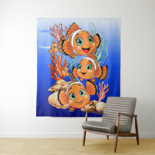 Tapete De Parede Peixe palhaço Desenho animado Fofo Família Subaquá